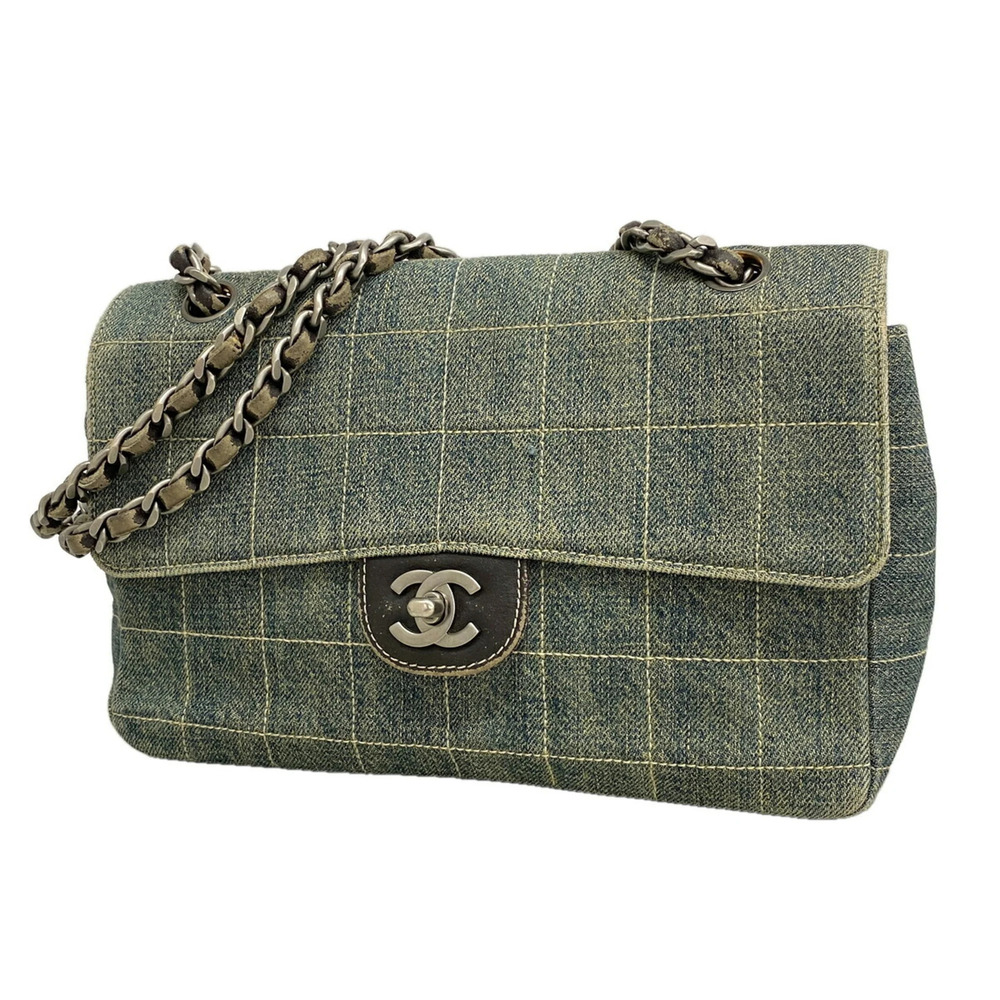 Chanel Shoulder Bag, Chocolate Bar Design, Double Chain, Denim Blue, Women's,...